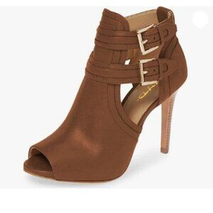 XYD Brown Peep Toe Ankle Boot High Heels Buckle Double Straps Cutout Pumps Shoes